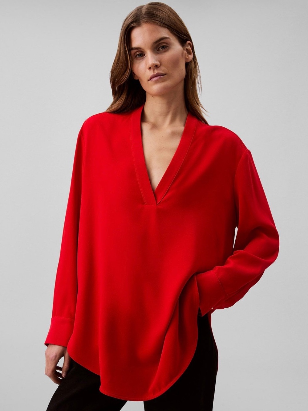 Calvin Klein Bold Red V-Neck Long Sleeve Blouse